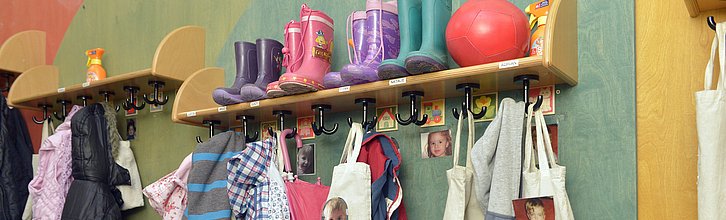 Garderobe in einer Kita; zu sehen sind Gummistiefel, Jacken und Bilder von Kindern